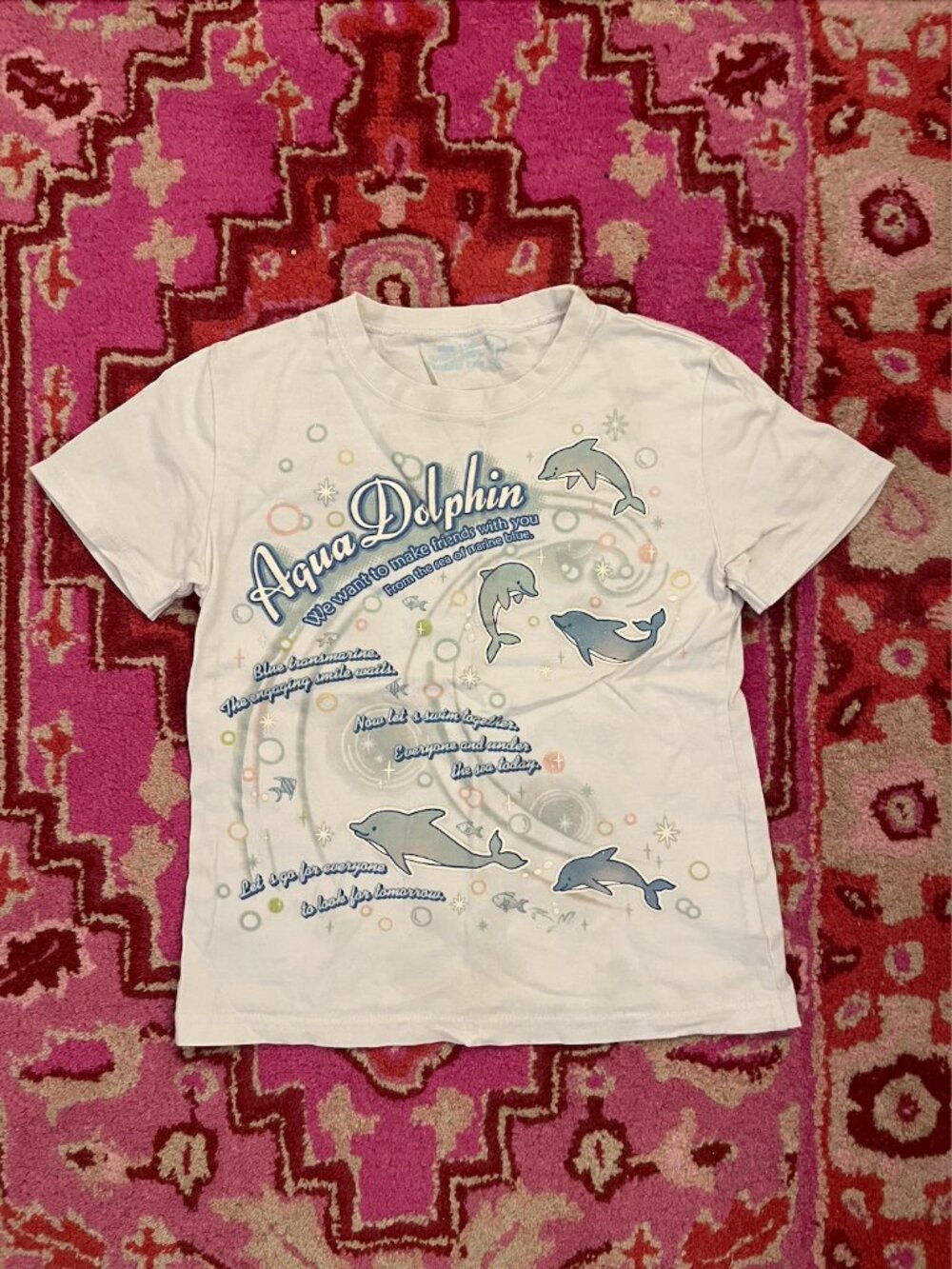 Aqua Dolphin Girl's White and Blue Cotton Sparkly Short Sleeve T-Shirt